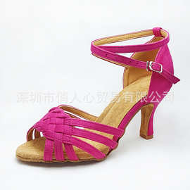 外贸热销玫红女士拉丁舞鞋编织绒面高跟软底室内舞会交谊舞跳舞鞋