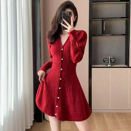 Autumn dress women's pullover mid-long waist knitted skirt autumn and winter knitted base shirt niche long-sleeved thick silk wool dress