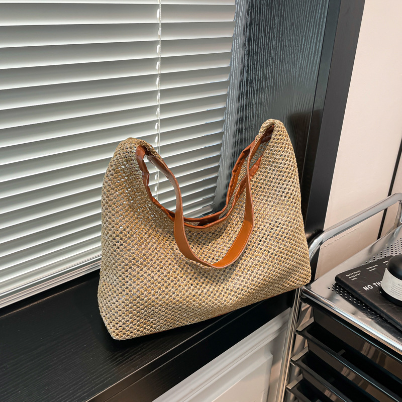 Bolsa de hombro de vacaciones, bolsa de playa, bolsa coreana de tela retro, bolsa de tela de paja, bolsa de brazo de gran capacidad