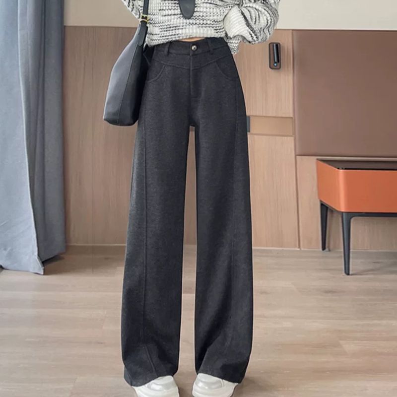 加绒裤女秋冬2025新款高腰秋冬季加厚阔腿裤宽松毛呢西装裤直筒裤|undefined