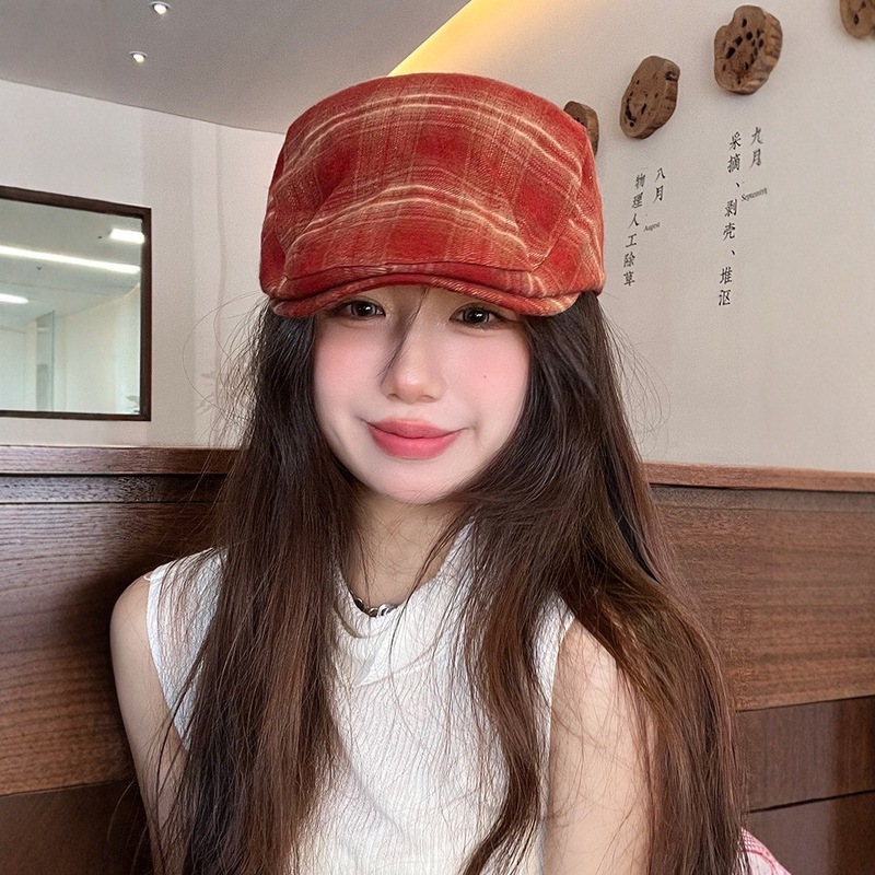 磨毛格子前进帽女生2025新款春秋款格纹鸭嘴报童帽画家鸭舌贝雷帽|undefined