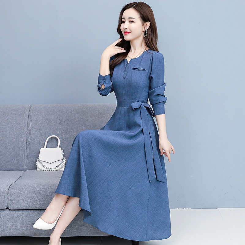 Women's 5602 Long-Sleeved Fashionable Cotton and Linen Dress 2025 Autumn New Korean Style Slim-Fitting Mid-Length Dress Women's 5602 Long-Sleeved Fashionable Cotton and Linen Dress 2025 Autumn New Korean Style Slim-Fitting Mid-Length Dress
