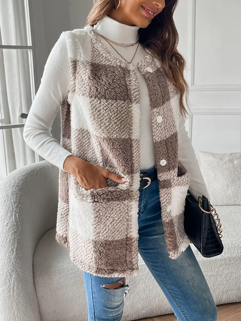 ​​Teddy Bear Plush Vest – Oversized Faux Fur Gilet | Winter Elegance (Dark Khaki Checkered)​​_ecoleips.com