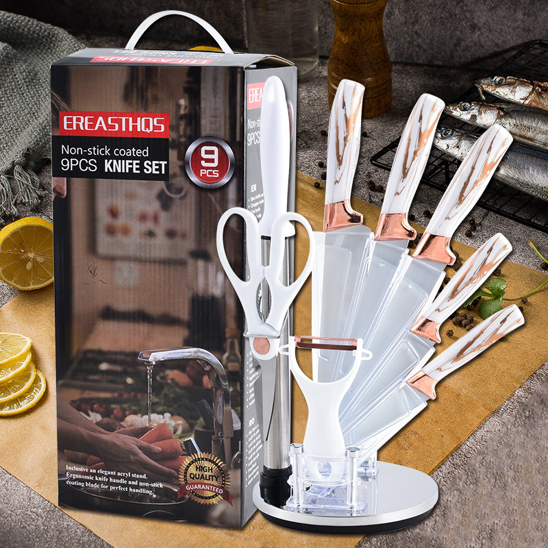 Yangjiang cuchillos de oro rosa acero inoxidable doble conjunto de nueve piezas conjunto de cuchillos domésticos de cocina