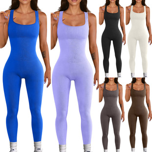 European and American Amazon New Foreign Trade Women's Sleeveless Vest Jumpsuit Threaded Square Collar Hip Slim Fit Sexy Jumpsuit