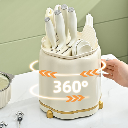 New kitchen rotating knife holder light luxury cream style multi-functional knife storage rack household storage rack integrated chopstick holder