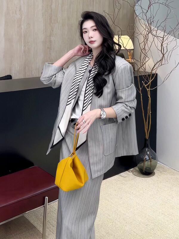 韩系气质灰色条纹西装套装女2025新款秋西服外套直筒半身裙两件套|undefined