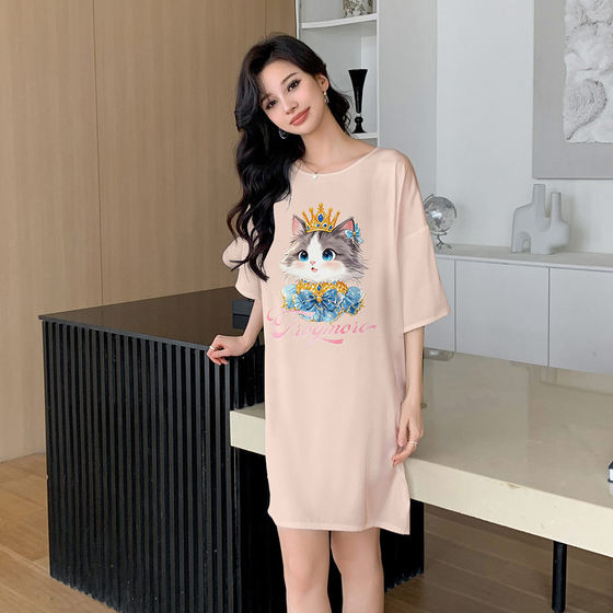 Yaoting New Arrival Pajamas Women's Satin Chiffon Digital Printed Round Neck Pullover Short Sleeve Nightgown SQ2273