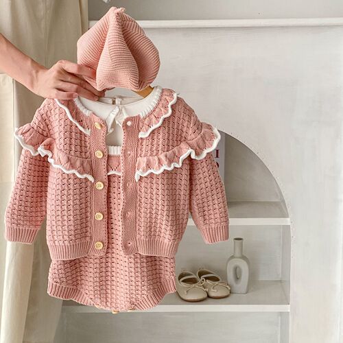  Autumn Clothing Internet Celebrity Infant and Toddler Girls Ruffled Knitted Jacket + Strap Harness Romper 2-piece Set