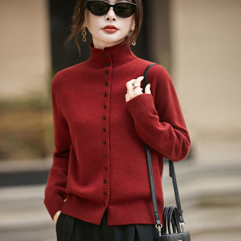 Cross-Border Wool Blend 2025 Autumn and Winter New Style Gentle Style High Collar Single-Breasted Pure Color Knitted Cardigan Women's Tops Now Available