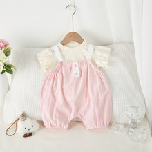 夏季婴幼儿套装女宝宝薄竖条纹背带裤简约洋气棉质上衣T恤两件套