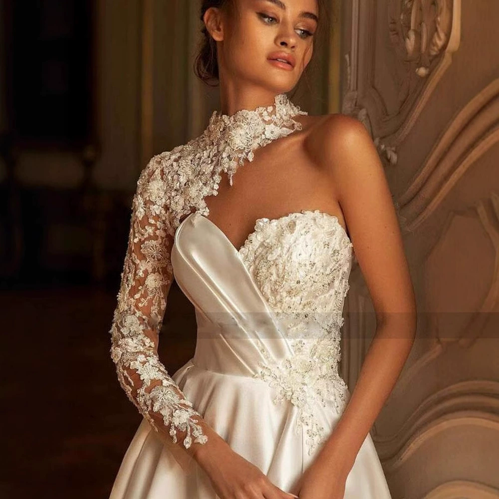 Комбинат Suzhou Foreign Trade Wedding Dress Factory Small tail cock heart collar satin single sleeve activity wedding dress two-wear style