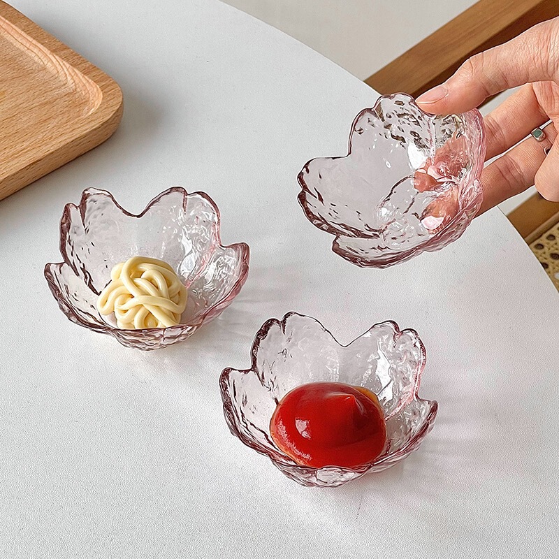 Japanese Hammer Mesh Cherry Blossom Flavor Plate Glass Sauce Plate Small Plate Hot Pot Seasoning Dip Plate Small Bowl Plate