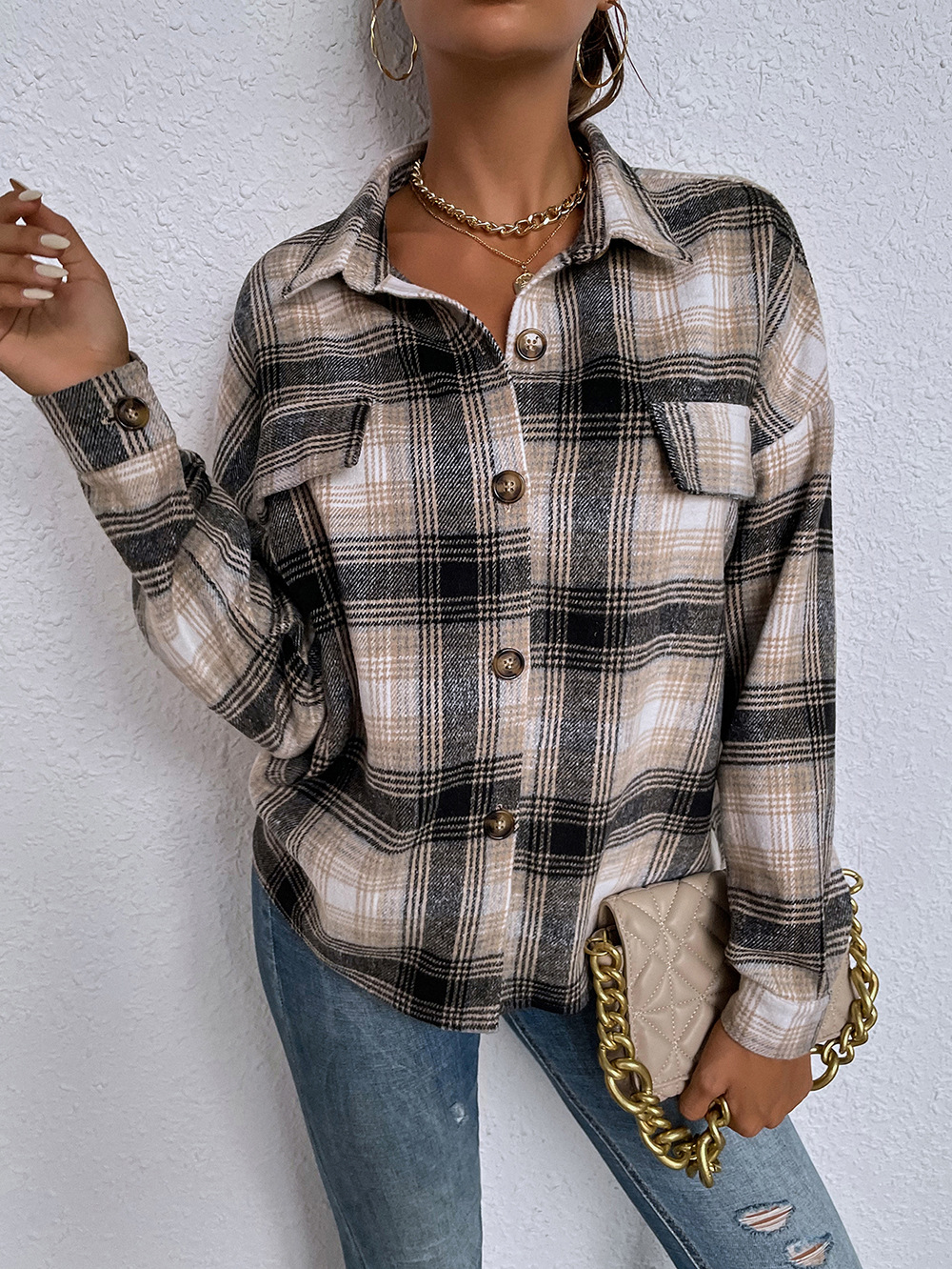 women s Lapel Single-breasted Slim Regular Long Sleeve Plaid Shirt nihaostyles clothing wholesale NSDF73715