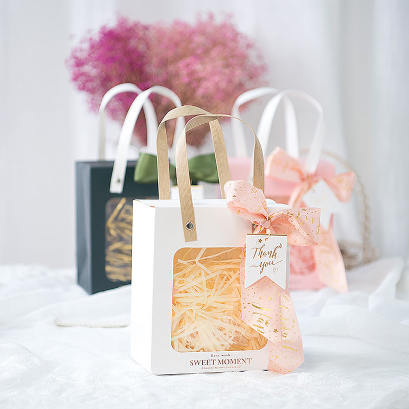 Bolsa de papel de ventana al por mayor estilo ins bolsa de papel de tamaño pequeño bolso de regalo de mano bolso de regalo transparente bolsa de regalo de tarjeta blanca