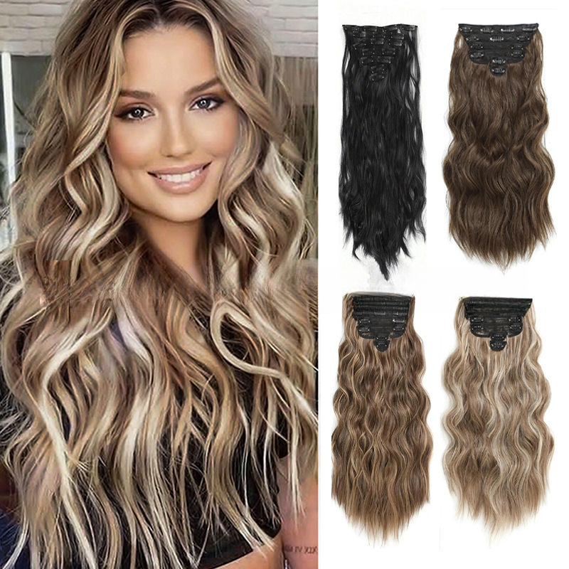 Foreign Trade European and American Women's Synthetic Fiber Seven-Piece Clip-In High-Temperature Silk Water Wave Wig Long Hair Wholesale in Stock