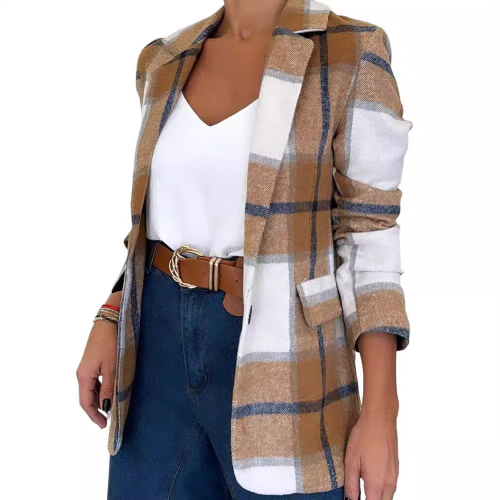 Women's Clothing autumn new simple and fashionable suit collar single breasted plaid woolen coat_voghion.com