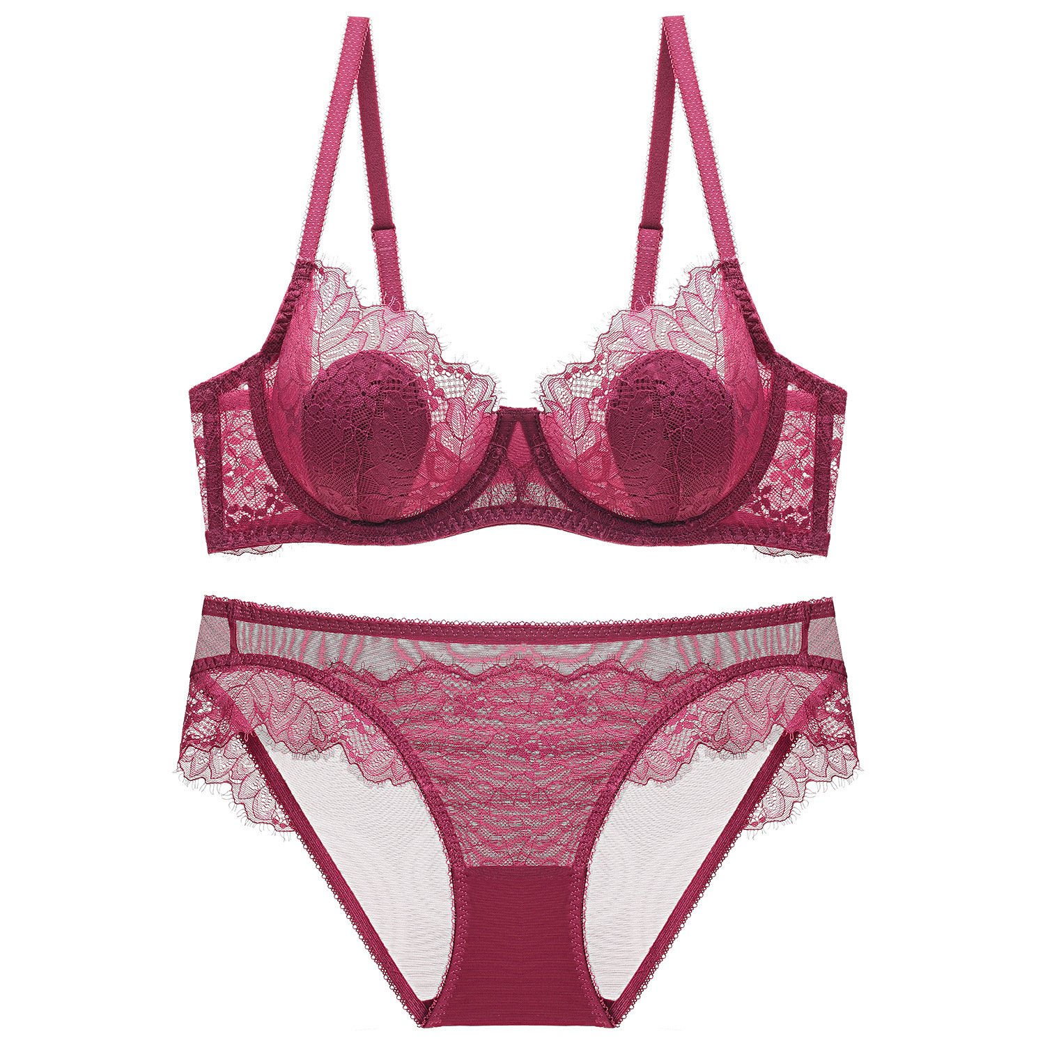 Biancheria intima di pizzo rosso trasparente ultrasottile Pure Desire, set di reggiseno con anelli in acciaio raccolti a coppa oversize per donna_voghion.com