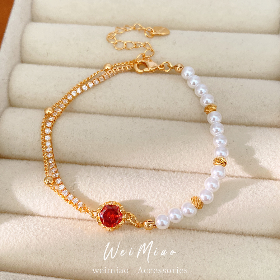 18k oro real electrolito piedra de diamante cuentas pulsera de perlas redonda ligera pulsera de nicho de lujo exquisita personalidad joyería de pulsera