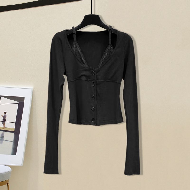 Thai Lace Stitching Pure Desire Two-piece U-collar Long-sleeved Slim Top Women's High-end Short Base Shirt Spring and Autumn Thai Lace Stitching Pure Desire Two-piece U-collar Long-sleeved Slim Top Women's High-end Short Base Shirt Spring and Autumn