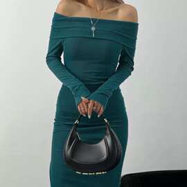 跨境女装一字肩长袖开叉包臀裙 欧美风名媛宴会礼服裙 工厂批发