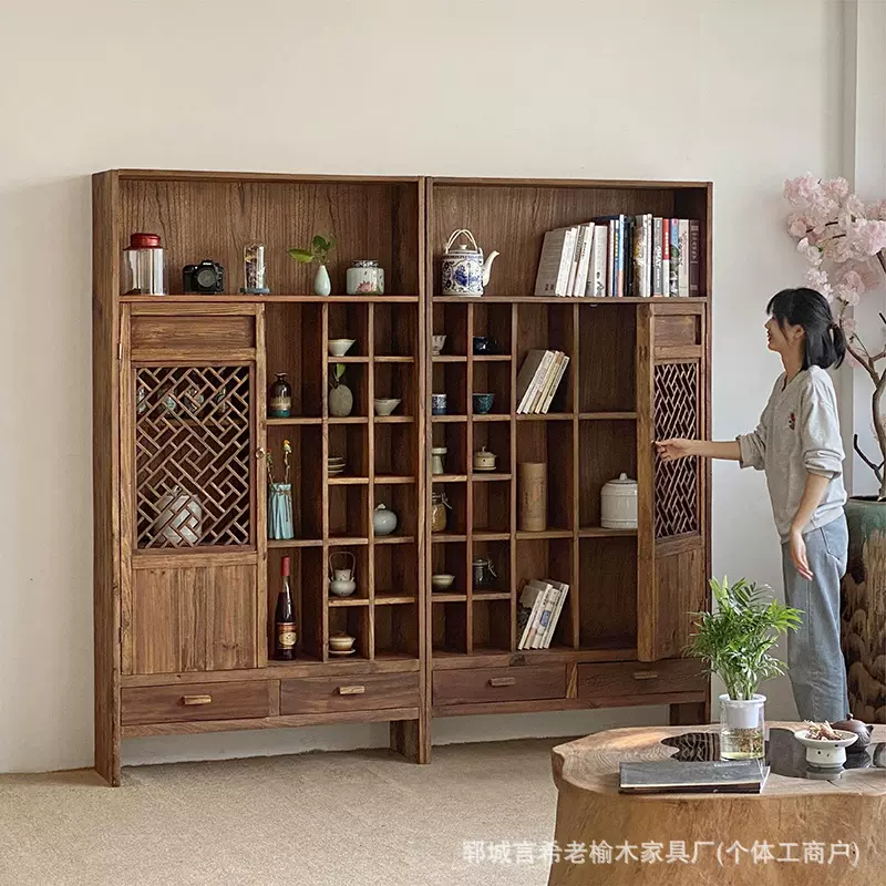 老榆木民宿茶室收纳置物架侘寂风多宝阁茶杯展示架实木博古架