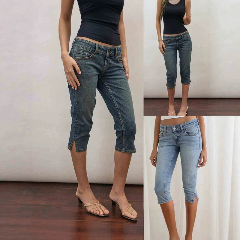 Cross-Border European and American Women's Stretchy Split-Leg Cropped Jeans Amazon Temu Women's New Denim Cropped Pants