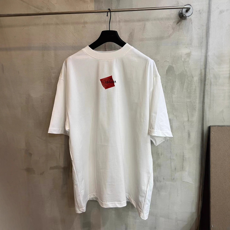 Paris Correct Version B Family Red Tape Embroider Letters Trendy Brand Men's and Women's Pure Cotton High Version Small Neckline Short-Sleeved T-Shirt