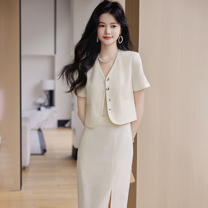 Fashion Elegant Short Suit Jacket Women's Summer Single-breasted Commuter Suit Long Split Hip Skirt Set