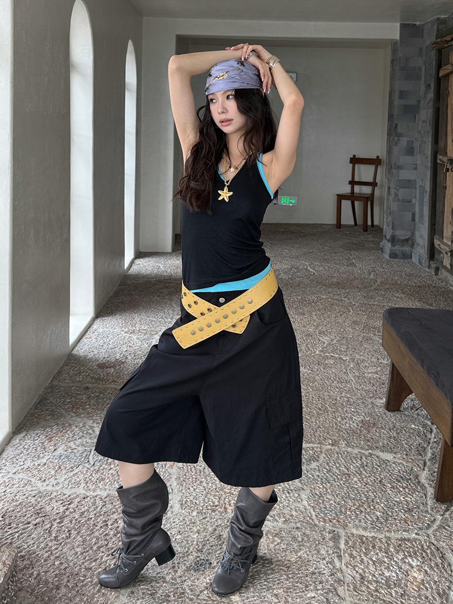 MMFISH pantalones cortos de bolsillo grande de la calle de moda, pantalones rectos, holgados, de cintura baja, piernas anchas, un mono 25K261