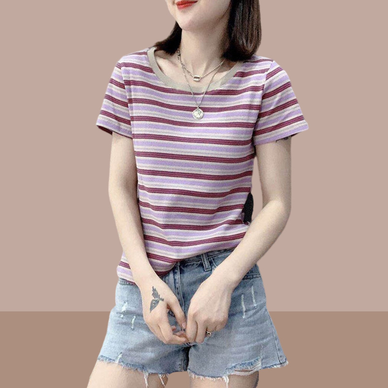 2025 新しい夏の女性の純粋な綿半袖 tシャツストライプトップス人気の女性の tシャツスリムフィット小柄な人|undefined