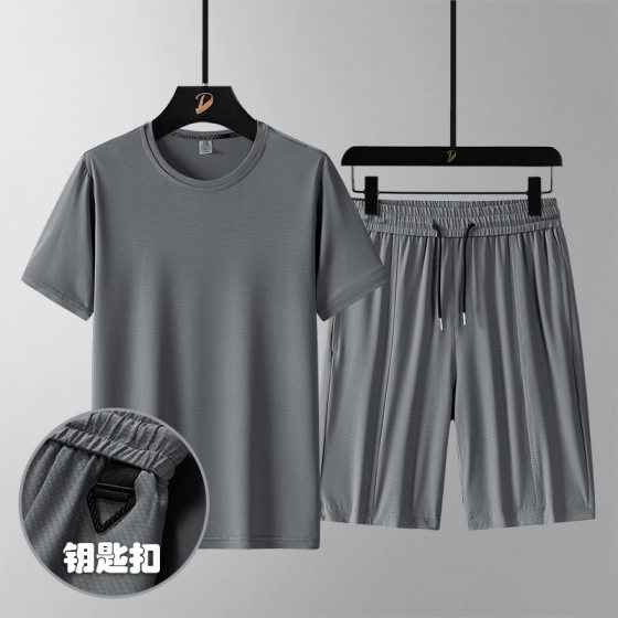Summer Short-sleeved Shorts suit Men's Crewneck T-shirt Ice Silk Mesh Quick-drying Casual Sportswear Loose Short Trendy Cover