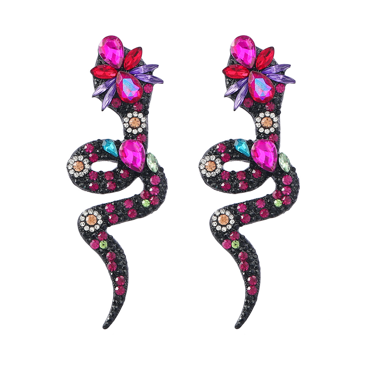Fashion Green Alloy Diamond Snake Flower Stud Earrings