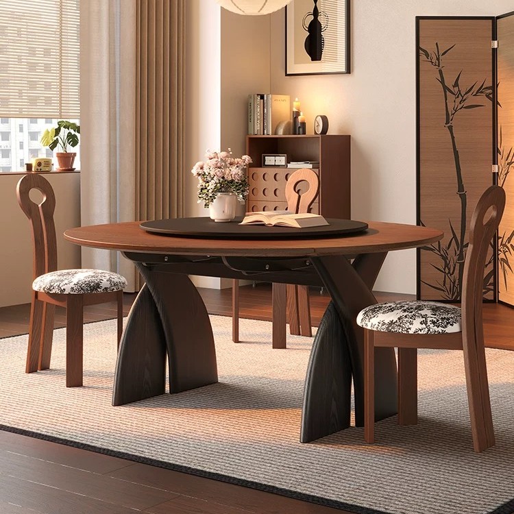 ♔ French-Style Vintage Solid Wood Folding Dining Table, Extendable and Convertible to Round Table, Suitable for Small Households, Dual-Use Square and Round, 2025 New Model