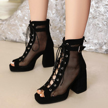 罗马凉鞋女23新款凉靴子短筒系带欧美黑色性感粗跟跨境外贸45码