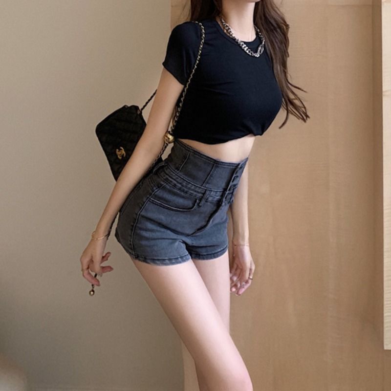 2024 봄과 가을 새로운 꽉 조이는 밝은 색 뜨거운 바지 여름 폭발 뜨거운 소녀 바지 슈퍼 높은 허리 데님 반바지