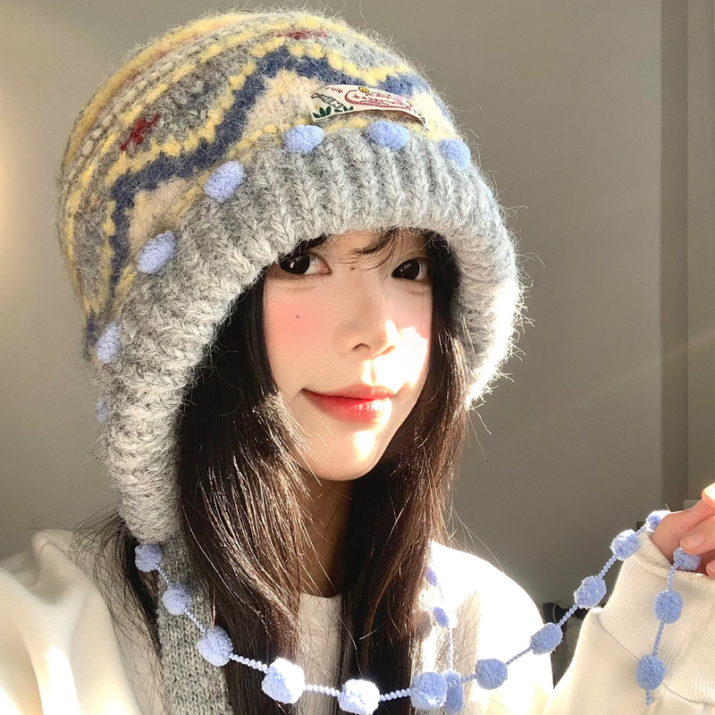 Fair Isle Retro Knitted Balaclava Women's Autumn and Winter Face-Showing Small Toe Cap Thickeneded Warm Ear Protection Hat