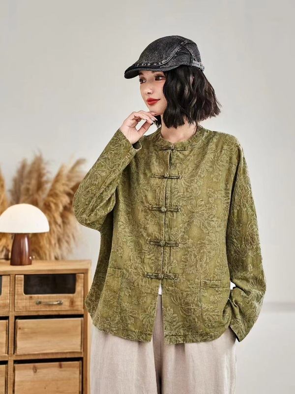 古咖服饰复古亚麻提花中式盘扣外套女式立领长袖宽松外搭开衫上衣|undefined