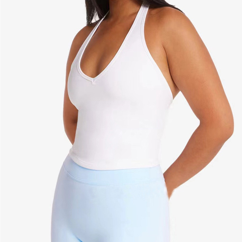 Europa y los Estados Unidos personalizados etiquetados transfronterizos chaleco deportivo mujer con cojín de pecho cuello colgante espalda hermosa cuello en V entrenamiento deportivo de yoga eslingas