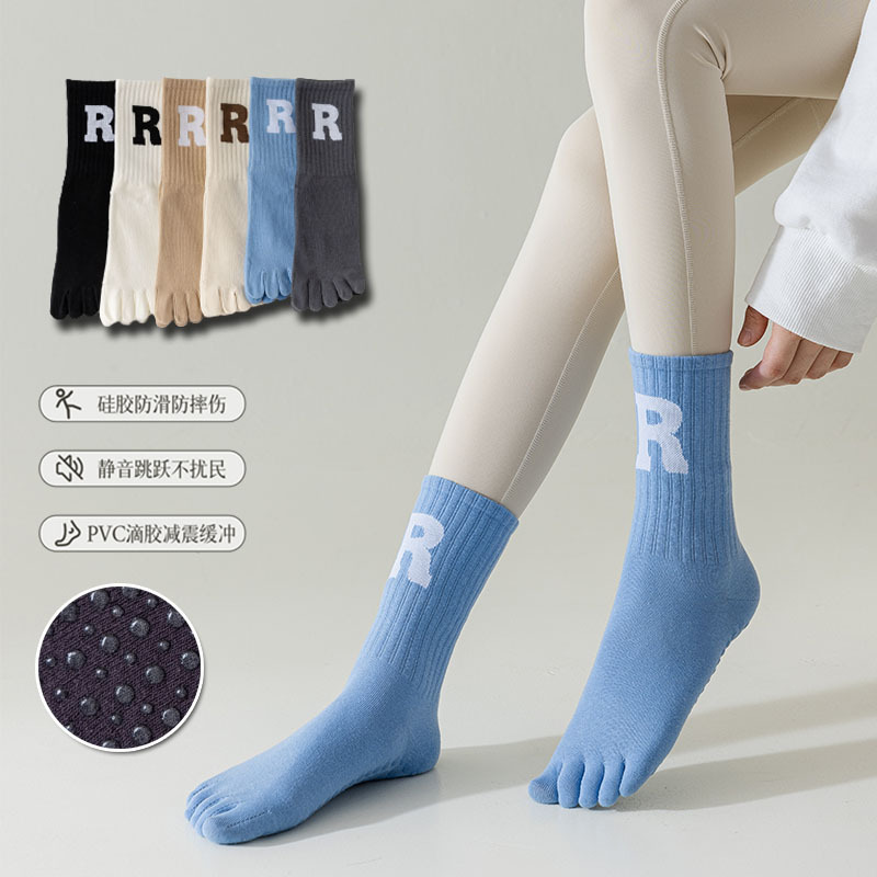 Five-Finger Yoga Socks for Women - Silicone Non-Slip Medium Calf Socks - Cotton Socks for Sports, Fitness, Pilates, Dancing, and Indoor Activities