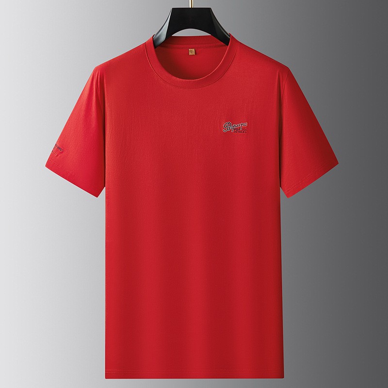 胖佬2025棉短袖t恤男加大码夏季薄款红色圆领汗衫肥佬宽松半袖