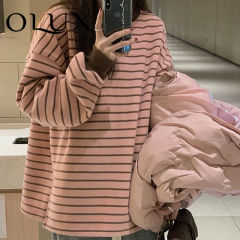 OLUX粉色减龄卫衣女条纹秋冬oversize大码宽松显瘦ins潮长袖上衣