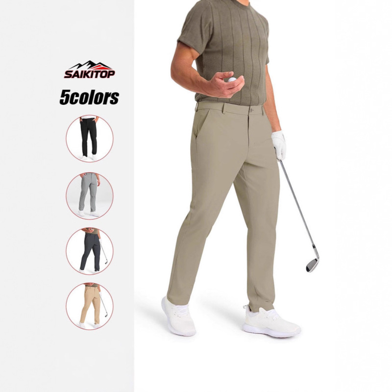 Cross-Border Popular Men's Golf Pants, Stretchy Slim-Fit Outdoor Sports Hiking Casual Pants with Zipper Pockets