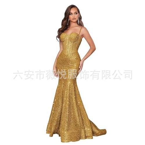 New Foreign Trade Cross-Border Sequined Elegant Dress, Solid Color Strapless Host Banquet Fishtail Long Dress, Ball Gown Evening Dress