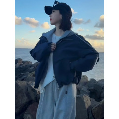 韩系连帽工装外套女2025秋季新款假两件纯色时尚百搭休闲夹克上衣