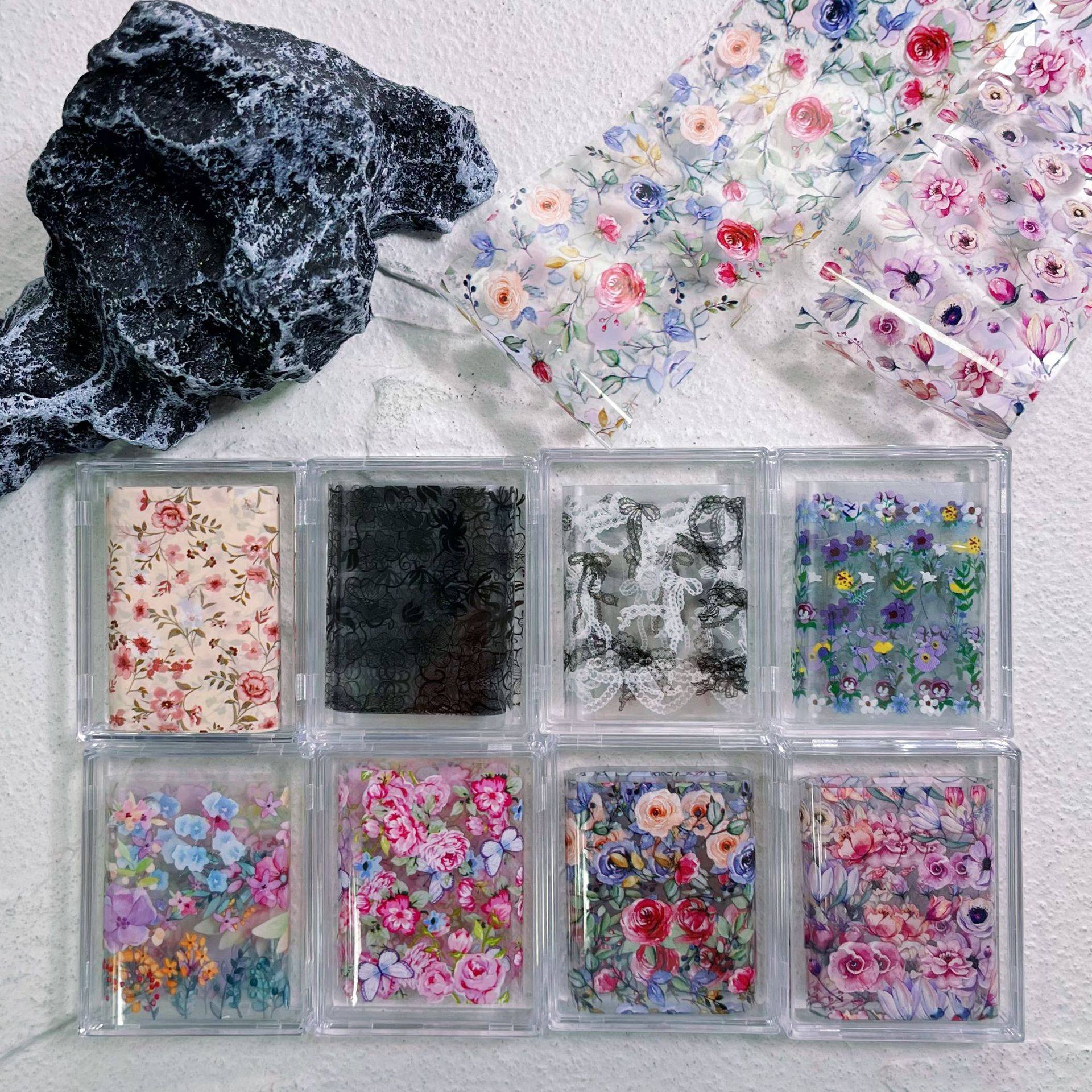 Nail art flower black and white lace bow French stickers new transfer paper 2024 cross-border new nail stickers
