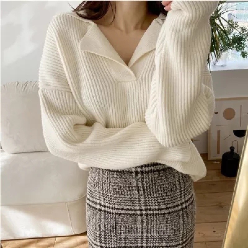 Corea del Sur nuevo suéter de las mujeres 2023 otoño medio abierto solapa pullover estilo coreano manga larga ropa exterior suéter Suelto