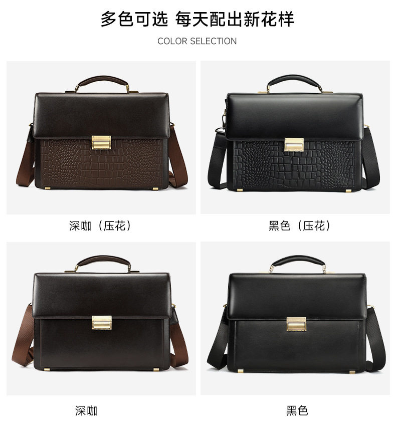 Cặp công sở nam da bò thật khóa mật mã chống trộm, túi đeo chéo xách tay đựng laptop 14 inch — Họa tiết dập nổi màu nâu cà phê, Màu cà phê, màu đen, Đen dập nổi chi tiết 29