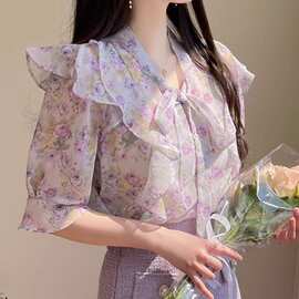 碎花蝴蝶结雪纺衫女短袖2025夏季荷叶边衬衫设计感小众印花上衣女