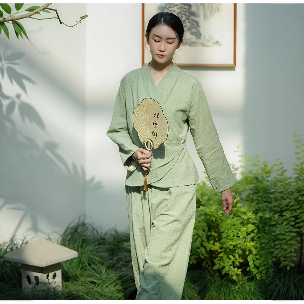 2026 Spring and Autumn 100% Cotton and Linen Women's Top Set, New Chinese Style Shirt, V-neck Tie-up Trousers, Chinese Hanfu, Chinese Style
